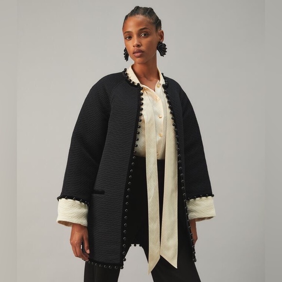 NWT $1498 Tory Burch Chevron Quilted Jacquard Beaded Coat size 0 XXS Lagenlook - Picture 2 of 9